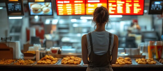 A young woman wearing a restaurant manager's uniform stands in a fast food, back view