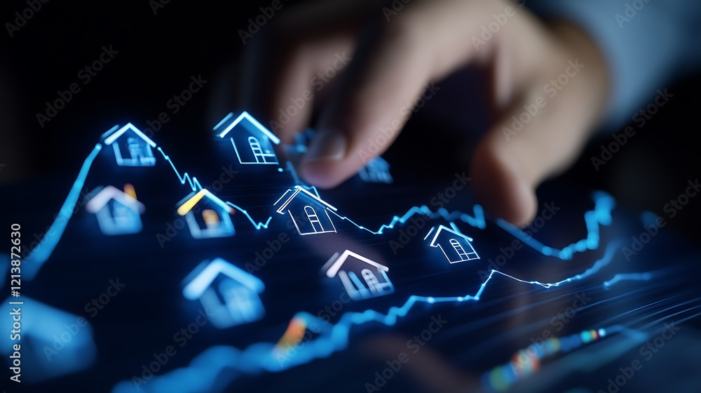 Poster analyzing real estate growth trends with digital graphs and interactive data