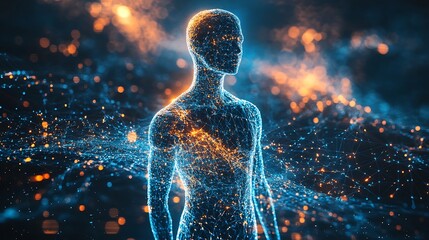 Human form bathed in blue and orange light within a futuristic cybernetic digital world