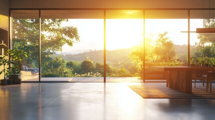 Fototapeta premium Bright and Airy Interior with Stunning Sunset View and Greenery