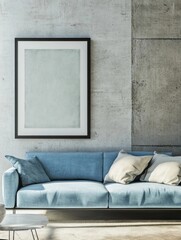 Minimalist loft house interior design, modern living room with light blue sofa, attached to an empty frame concrete wall.
