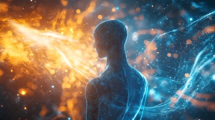 Digital human figure surrounded by blue and orange energy swirling in a cybernetic environment