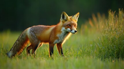 Fototapeta premium A red fox hunting in a meadow at dusk.