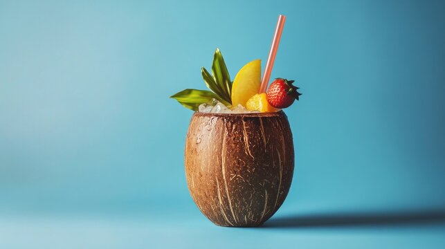 Tropical cocktail coconut shell blue background - Powered by Adobe