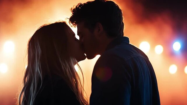 A romantic silhouette of a couple kissing amidst vibrant concert lights.