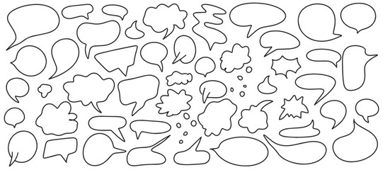 Big set of dialog boxes, different variants are hand drawn. Collection of speech bubbles for conversation, dialogue, decoration on white background. Empty comic book conversations. Vector 