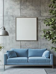 Minimalist loft house interior design, modern living room with light blue sofa, attached to an empty frame concrete wall.