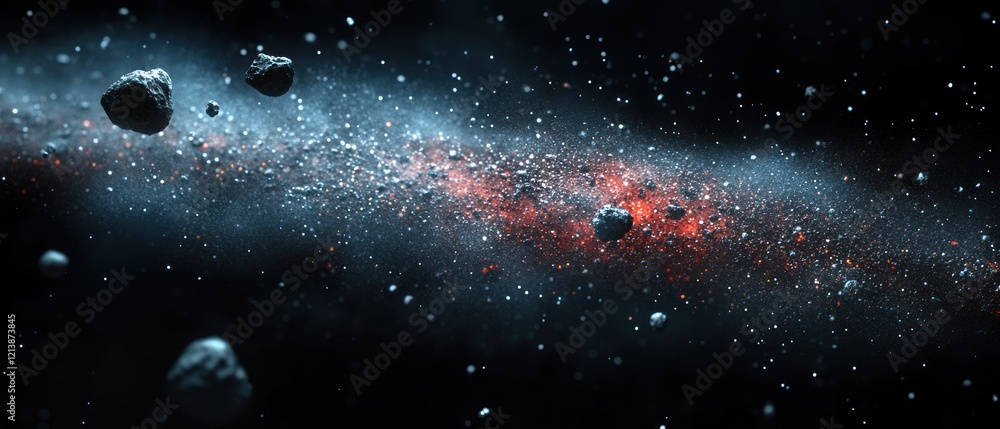 Poster cosmic asteroid field with colorful nebula background