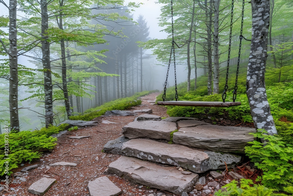 Poster a serene forest path shrouded in mist, featuring lush greenery and a rustic swing hanging from a tre