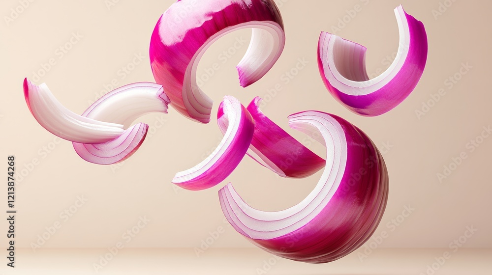 Poster close up of a bunch of onions that are being sliced and scattered in the air. the onions are in vari