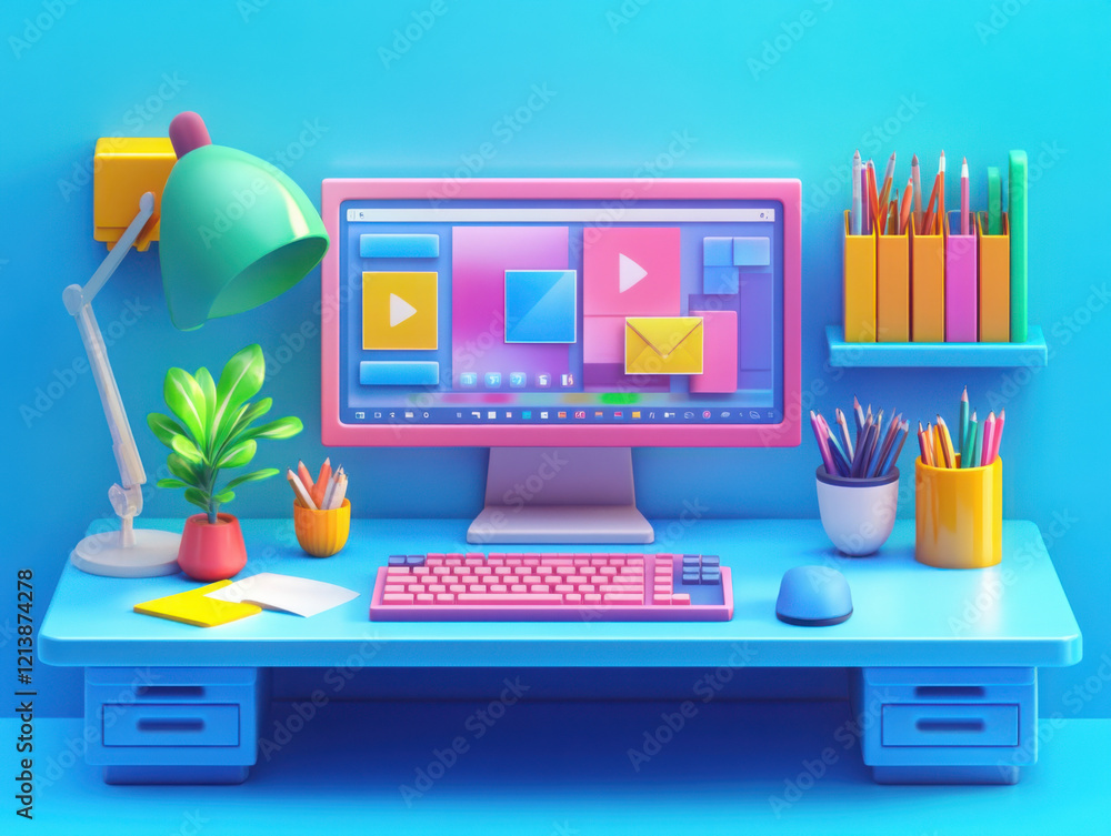 Aufkleber 3d illustration of a modern graphic designer's desk with a computer displaying colorful digital art 