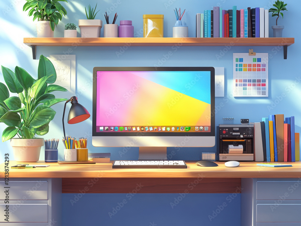 Poster 3d illustration of a modern graphic designer's desk with a computer displaying colorful digital art 