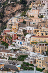 View over Positano town and beach in Amalfi coast in Italy.