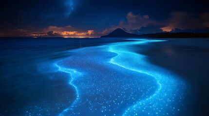 Fototapeta premium Bioluminescent Waves Glow On A Nighttime Beach