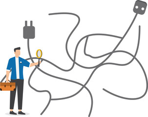 Problem analysis, process of identifying and analyzing a problem, finding solution, businessman uses a magnifying glass to analyze broken power lines