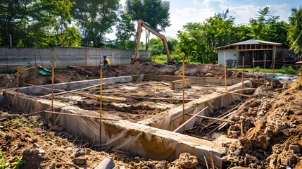 Fototapeta premium Construction Site with Excavator and Foundation