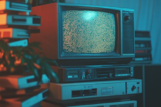 Vintage Television with Static Screen and Stacked VHS Tapes in Retro Setting