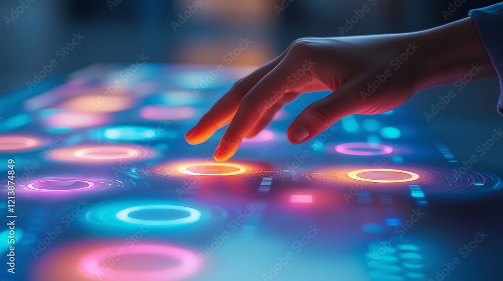 Poster futuristic hand interacting with colorful digital interface display