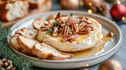 A delicious cheese and nut dish is served on a white plate, accompanied by a piece of bread.