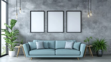 Minimalist loft house interior design, modern living room with light blue sofa, attached to an empty frame concrete wall.