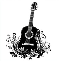 Floral Acoustic Guitar Design, Music, White Background, Art Print.