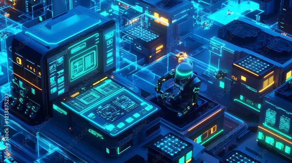 Poster futuristic robot interacting with advanced digital interface