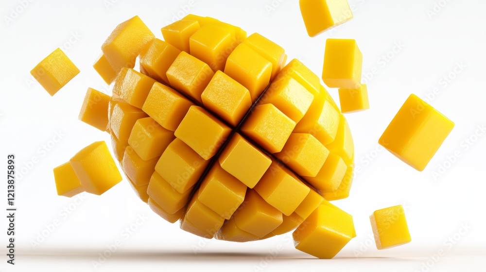 Poster yellow mango is cut into cubes and scattered across the image. the image has a playful and whimsical