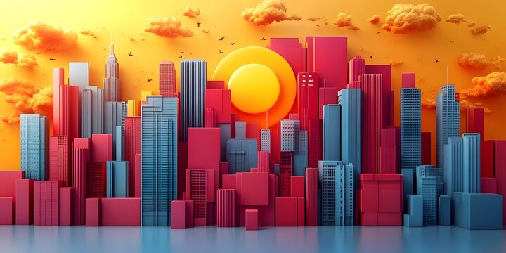 Vibrant and Colorful Futuristic City Skyline with Skyscrapers at Sunset or Sunrise Scene
