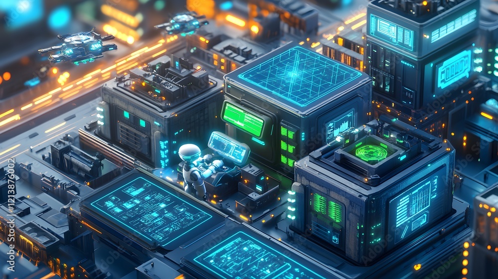 Poster futuristic robot monitoring advanced technological infrastructure