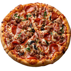 Delicious Supreme Pizza Food Photography Image ham meal menu diet dish meat isolated on transparent or white background, png