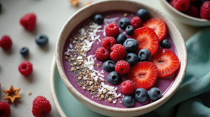 A vibrant smoothie bowl features a purple base adorned with slices of strawberries, blueberries, and raspberries
