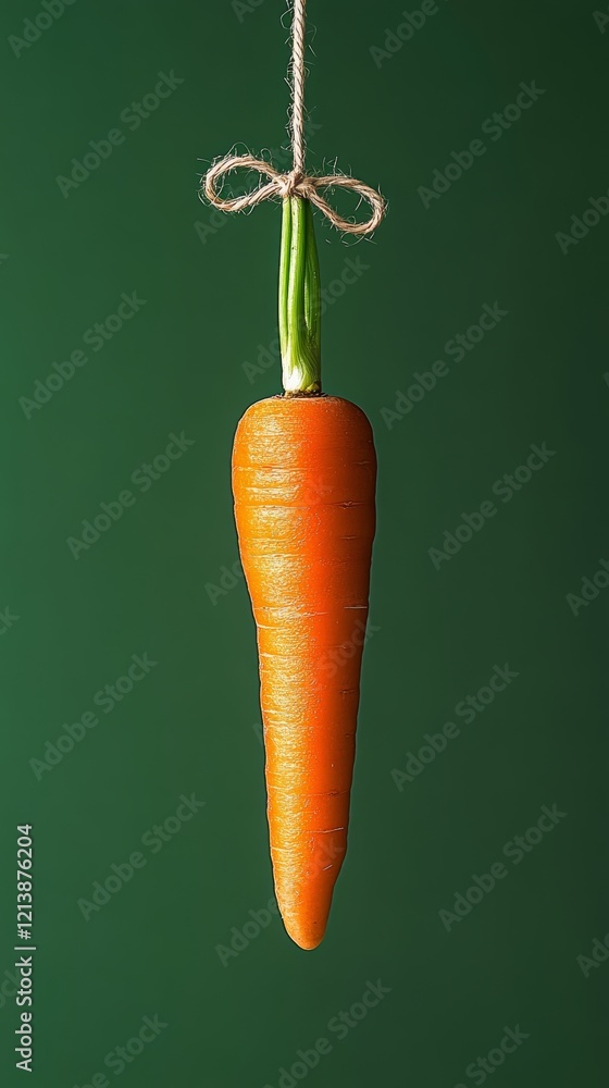 Poster carrot is hanging from a string. the carrot is orange and has a green top. the carrot is the main fo
