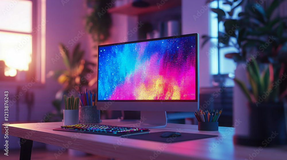 Poster modern graphic designer desk with computer displaying colorful digital art software, creative design