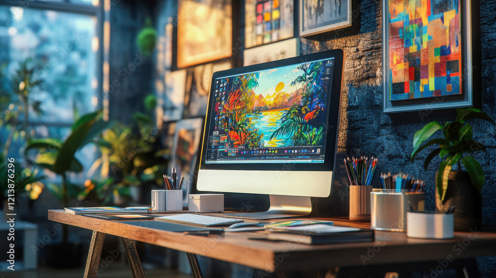 Poster modern graphic designer desk with computer displaying colorful digital art software, creative design