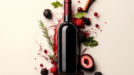 Bottle of red wine is surrounded by berries and other fruit. The wine bottle is the focal point of the image, and the fruit and berries are arranged around it to create a visually appealing