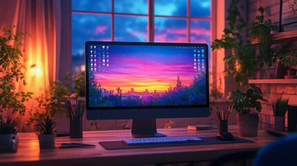 3D illustration of a modern graphic designer's desk with computer, neon lighting