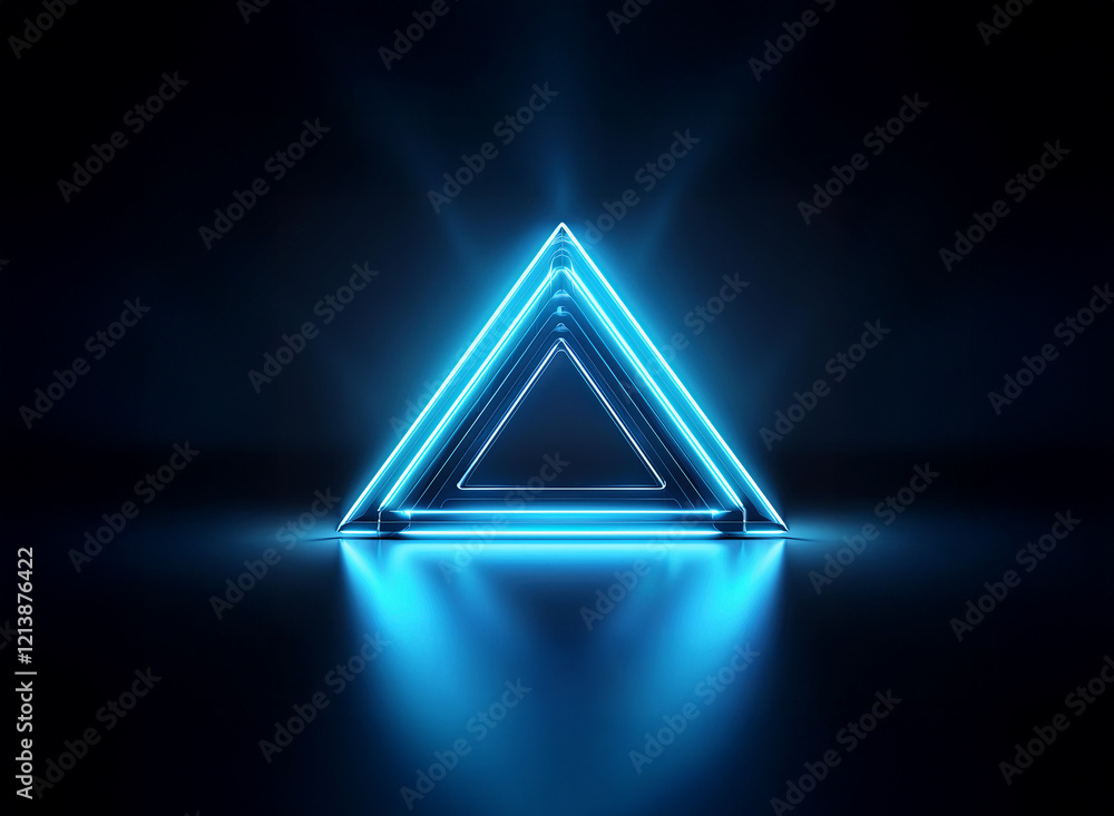 Poster a vibrant blue neon triangle, composed of three concentric shapes, glows intensely on a dark reflect