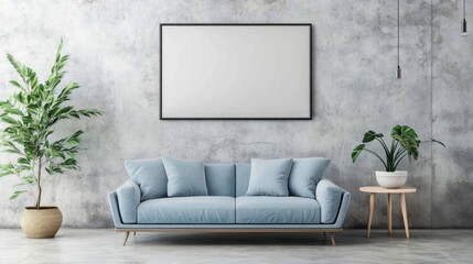 Minimalist loft house interior design, modern living room with light blue sofa, attached to an empty frame concrete wall.