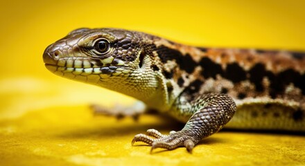 Obraz premium Close-up of a lizard with intricate patterns on a vibrant yellow background