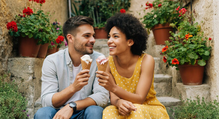 Obraz premium Happy couple enjoying ice cream cones in a charming garden setting