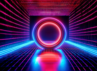 A vibrant, glowing neon tunnel features a large circular portal.  Red and blue neon lights illuminate the gridded walls and reflective floor, creating a futuristic, energetic atmosphere.