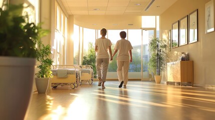 Couple holding hands, walking hospital corridor, sunset, recovery