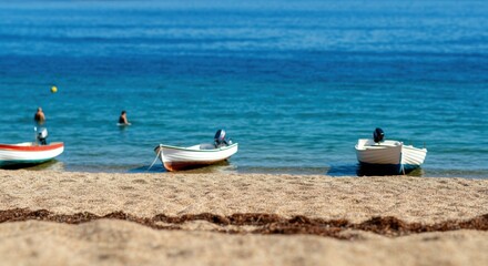 Naklejka premium Tranquil beach scene with boats anchored near the shore