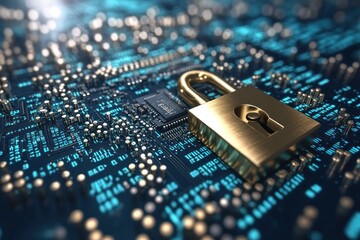 Secure digital lock on circuit board background