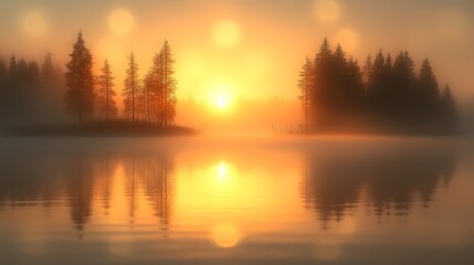 Obraz premium Golden Sunrise Over Misty Lake And Pine Trees