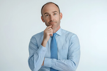 Thoughtful businessman in light blue shirt and tie, hand on chin, contemplating a decision or problem against a light grey background