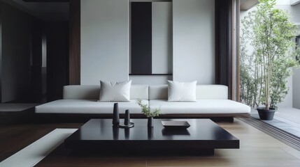 Minimalist, japandi home interior design of modern living room with white sofa, sleek black coffee table.