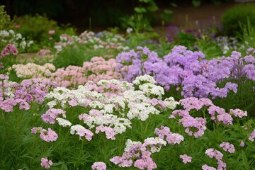 Naklejka premium Stunning array of pink purple and white blossoms in vibrant flower garden lush green foliage creating a captivating scene of natural beauty