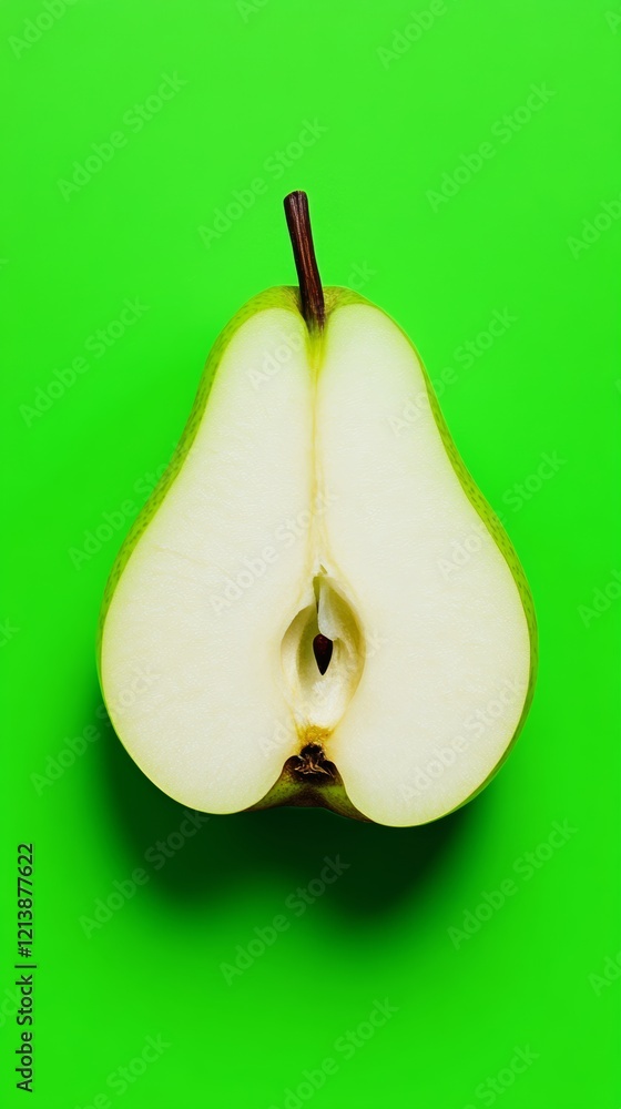 Poster pear is cut in half, revealing its core. the image has a somewhat surreal and abstract feel to it, a
