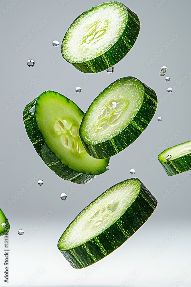 Poster close up of a cucumber with the slices flying through the air. the cucumber slices are in different 
